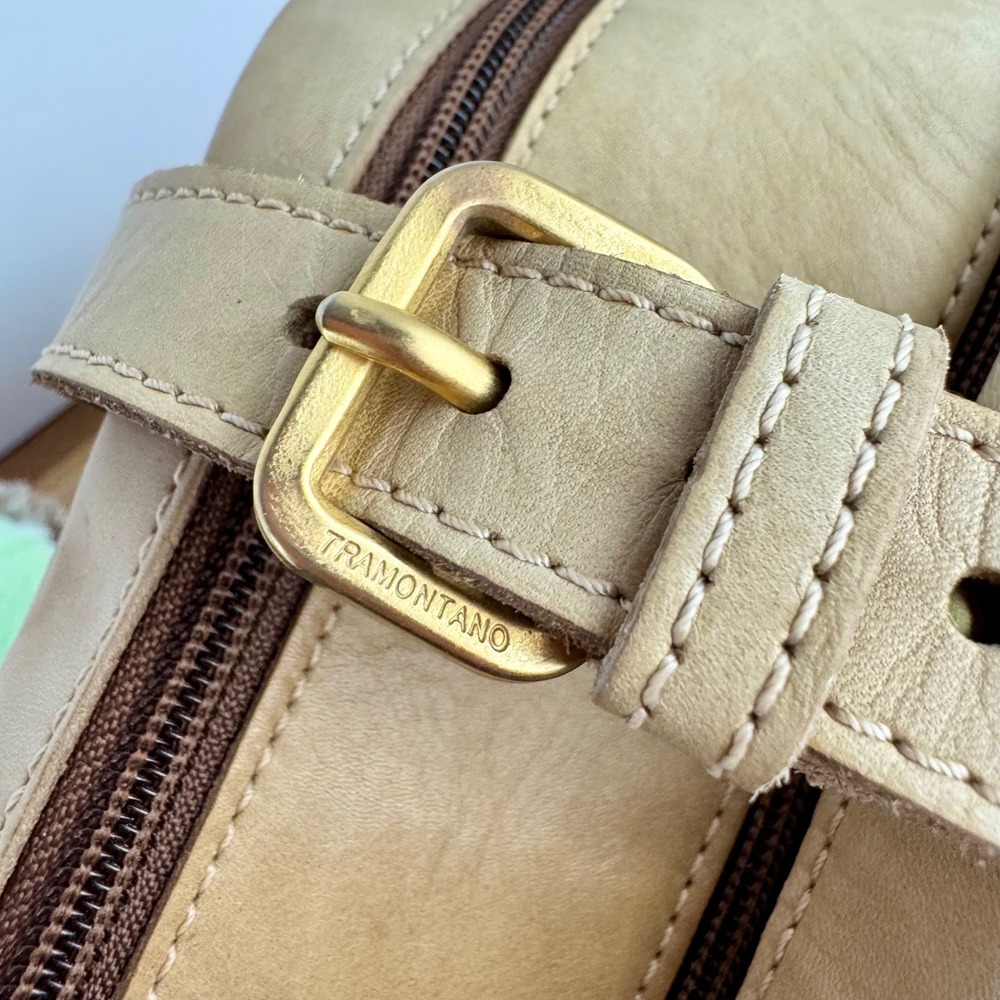 Tramontano Napoli Italian Leather Structured Satchel Handbag Beige Gold Hardware - Picture 11 of 12